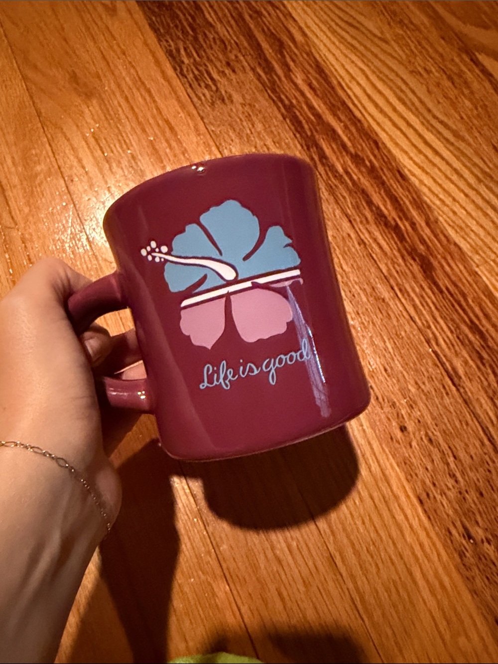 Life Is Good Berry Ceramic Mug with Blue and Pink Hibiscus